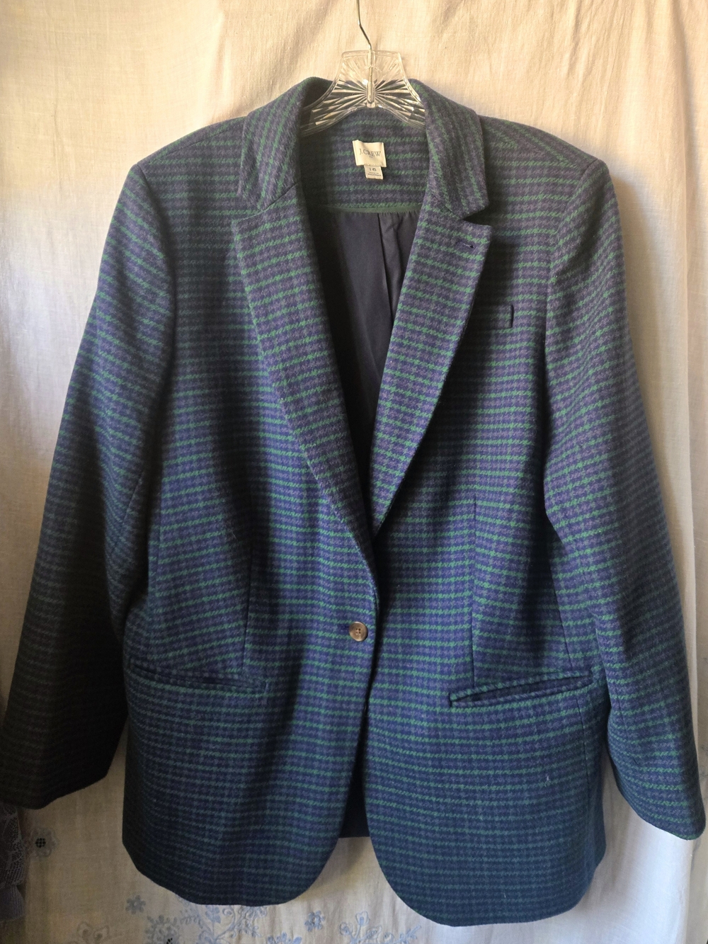 J. Crew Factory Light Academia Green Navy Houndstooth Wool-Blend Sport Coat, 16